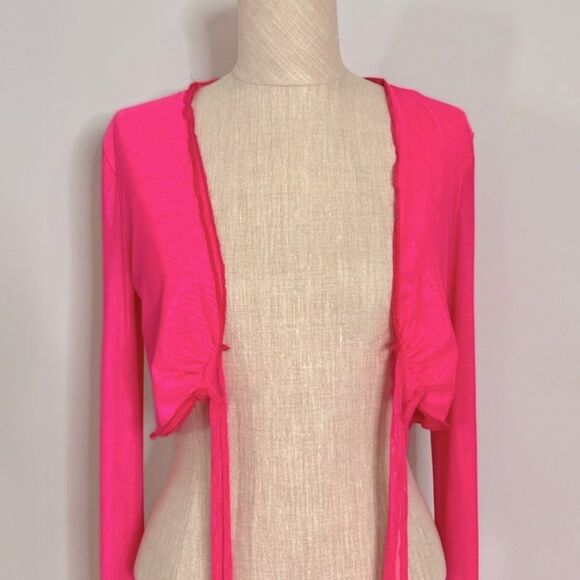 SHEIN ICON Hot Pink Lettuce Trim Knot Front Flare Sleeve Crop Top size XS - Picture 5 of 13